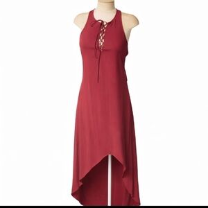 Express  Womens Burgundy Maxi Dress L Lace Up Neck Open Back Hi Low Hem Y2K NWT